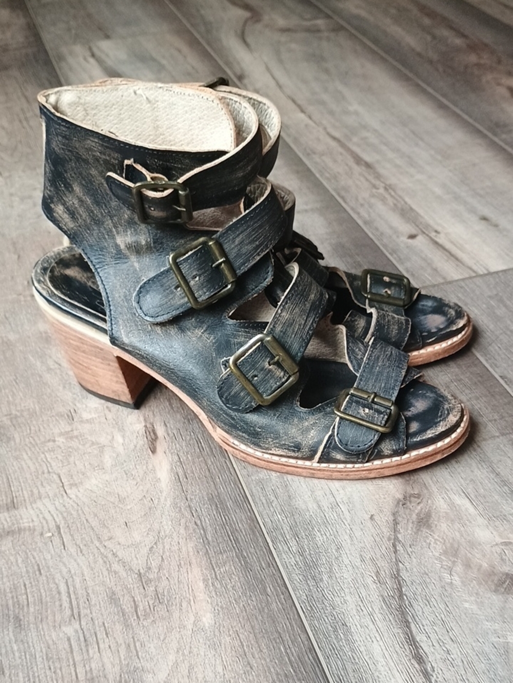 Freebird by Steven Distressed Black Leather Buckle Heels